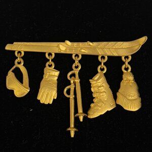 Jonette Jewelry Skiing Charm Brooch Pin Snow Ski Skier Winter Sport Gold Tone JJ